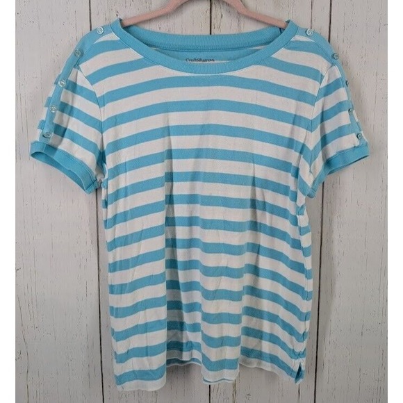 croft & barrow Tops - Croft Barrow Size XL Blue White Stripe Short Sleeve Button Accent Cotton Top